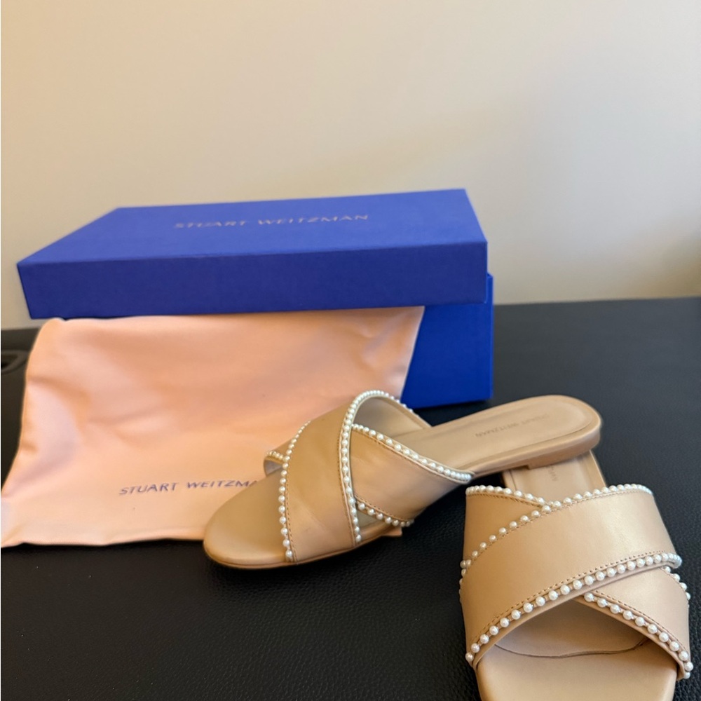 Stuart Weitzman Tan Pearl-Embellished Women's Sandals